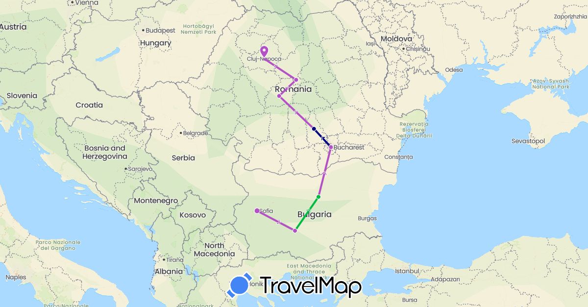 TravelMap itinerary: driving, bus, train in Bulgaria, Romania (Europe)